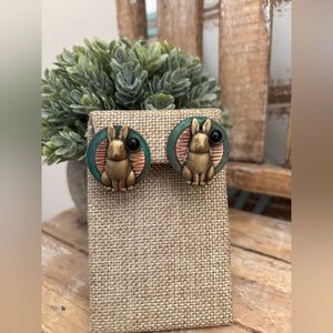 Vintage Metal Black Onyx Bunny Stud Earrings NEW!